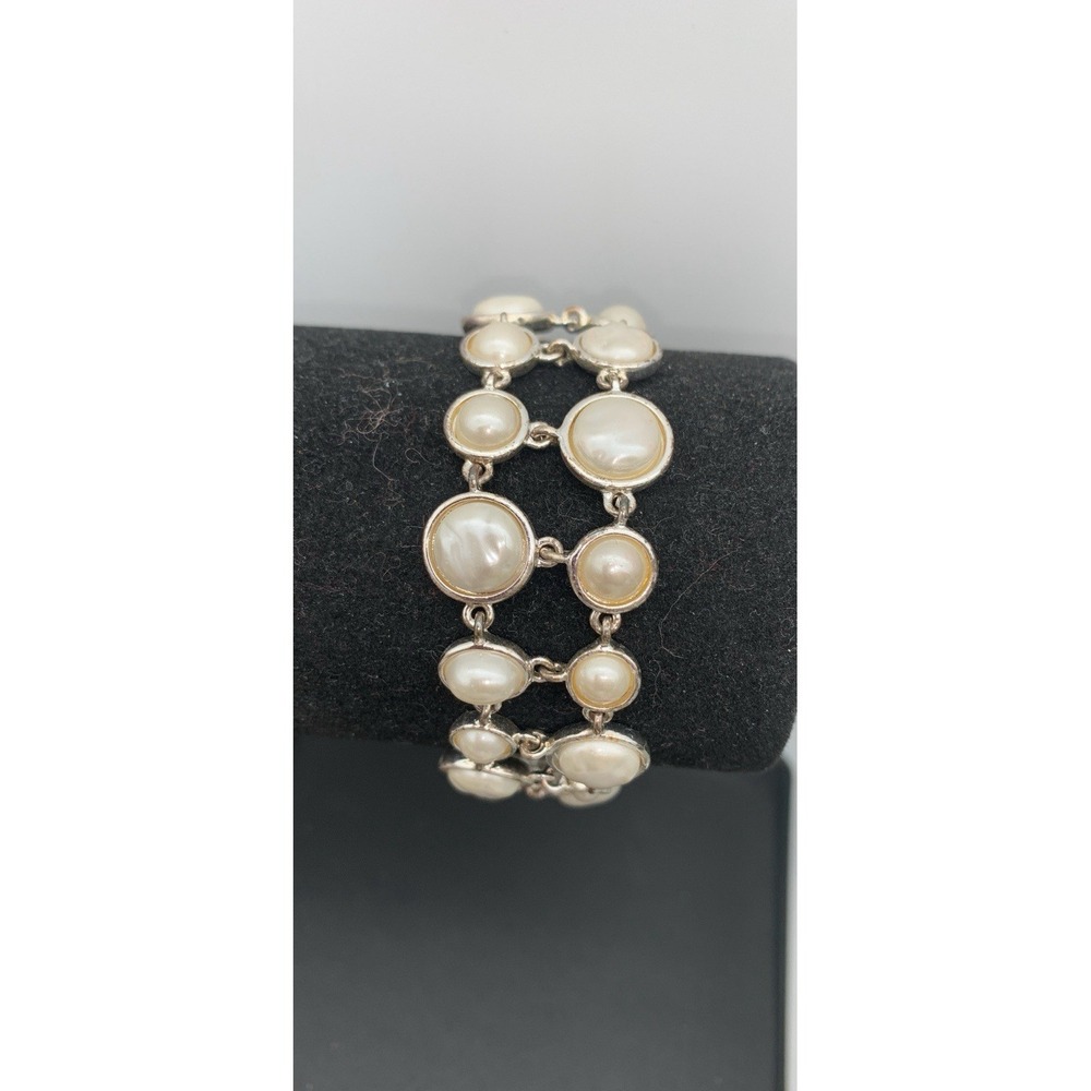 Silver Tone Double Row Faux Textured Pearl Bracelet